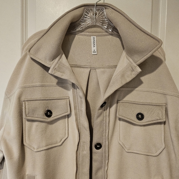 Zenana Beige Two Tone L/S Collared Button Front Elbow Patch Shacket Size XL - Picture 10 of 13